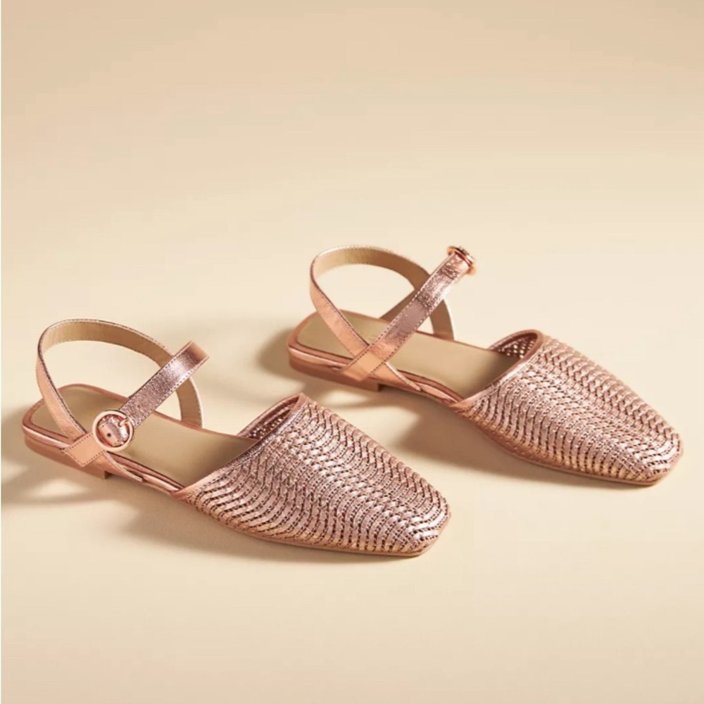 Anthropologie PILCRO Rose Gold Metallic Woven Leather Flats Women’s Size 10